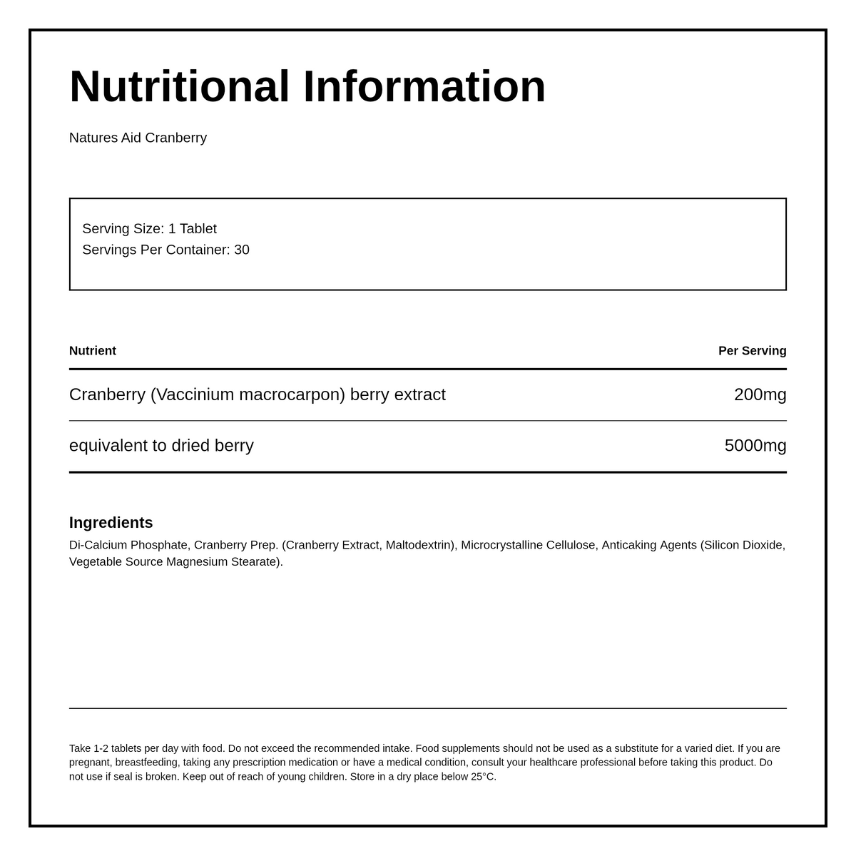 Natures Aid Cranberry - 200mg (5000mg equiv) 30 Tabs — nutrition information panel, generated from the pack