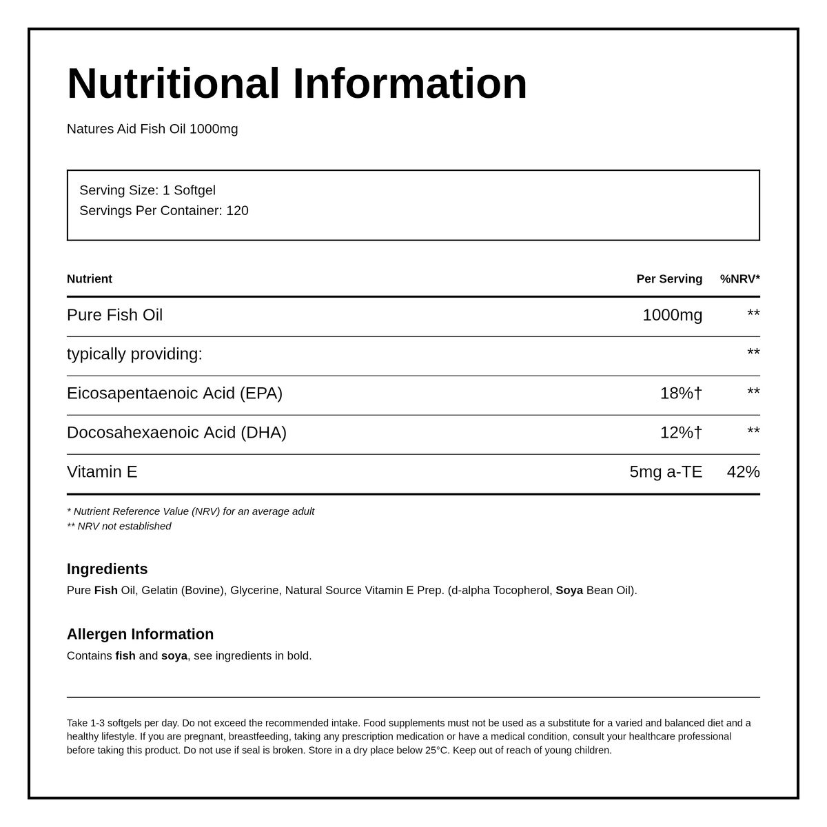Natures Aid Fish Oil 1000mg (Omega-3 Rich) - 90 + 33% EXTRA FILL — nutrition information panel, generated from the pack