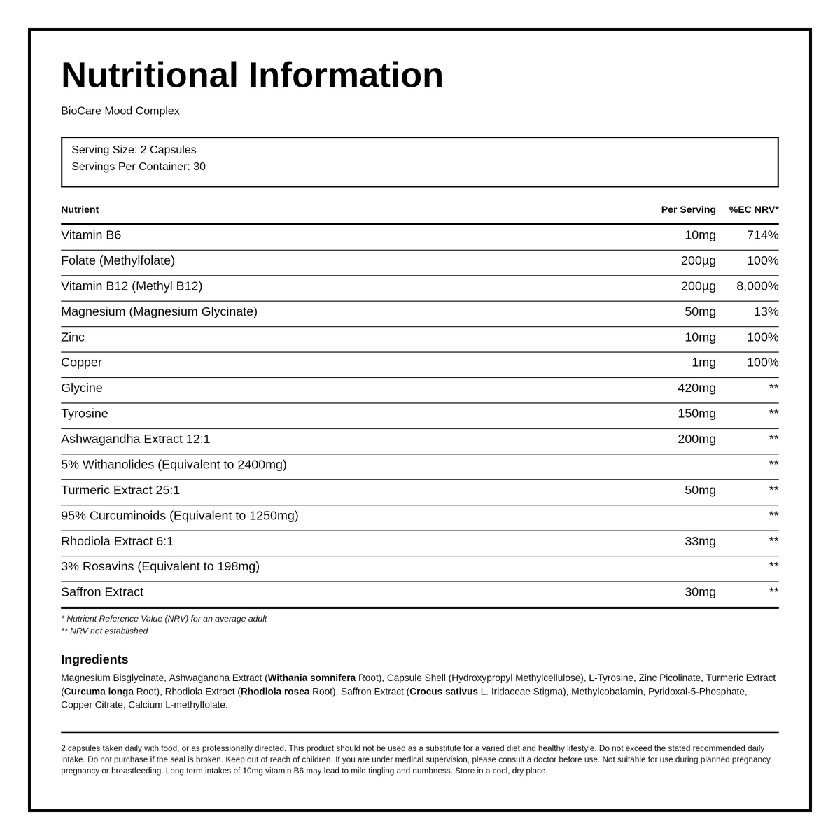 Mood Complex 60 Capsules — nutrition information panel, generated from the pack