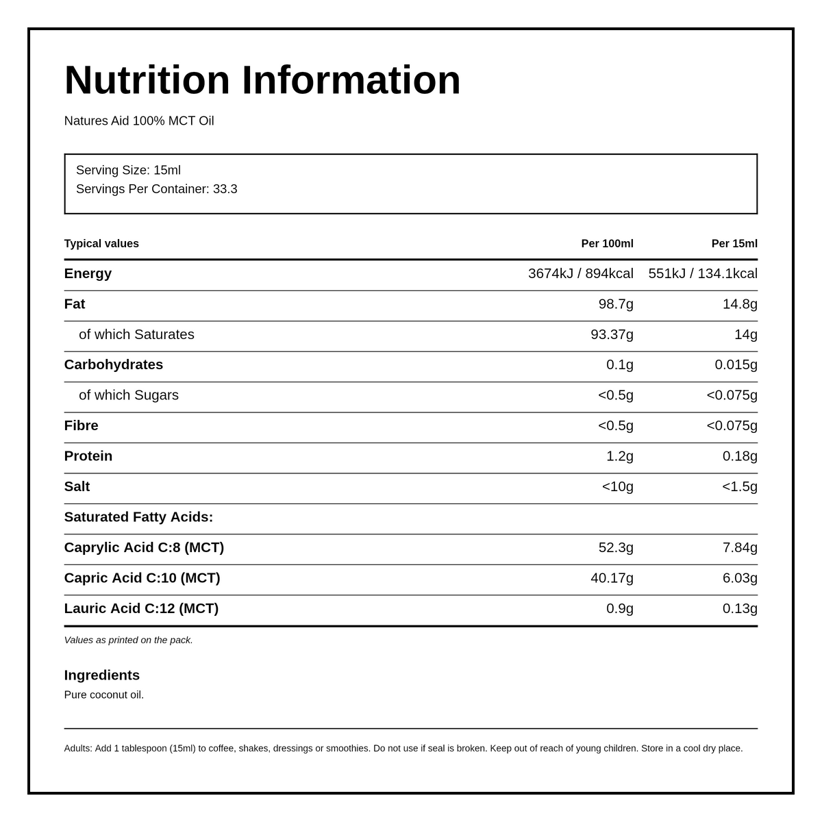 Natures Aid 100% Pure MCT Oil — nutrition information panel, generated from the pack