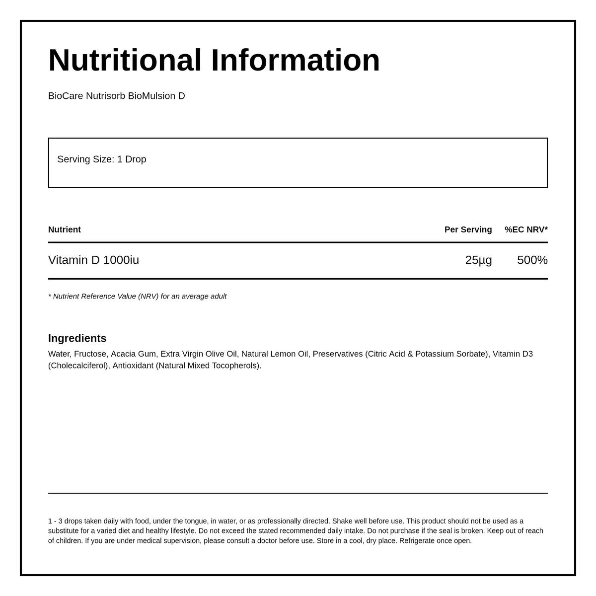 Biocare Nutrisorb BioMulsion D — nutrition information panel, generated from the pack