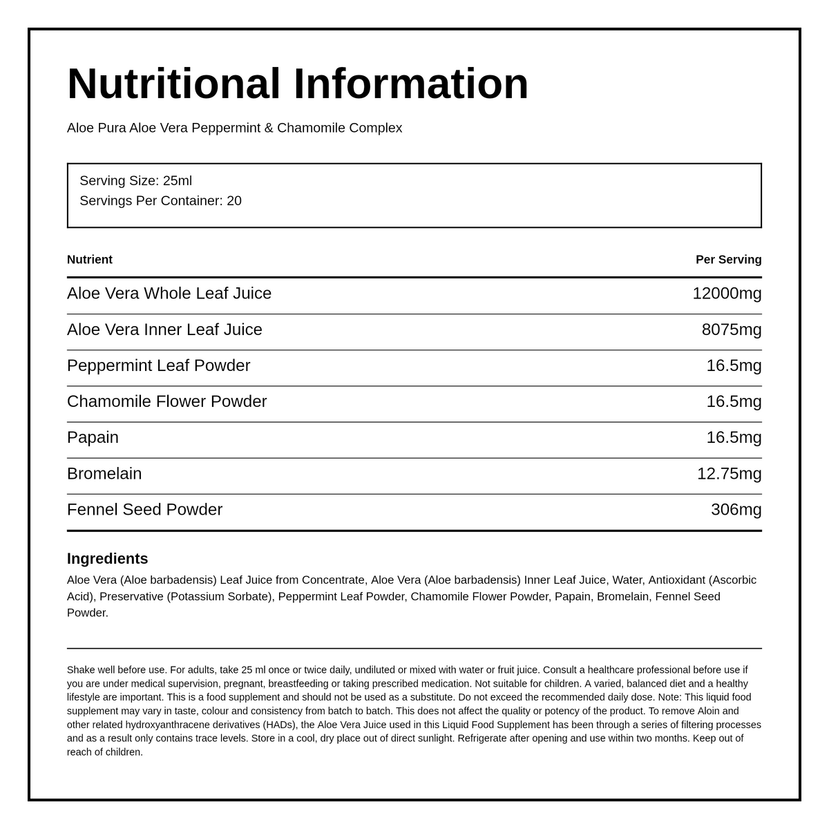 Aloe Pura Aloe Vera Peppermint & Chamomile Complex — nutrition information panel, generated from the pack