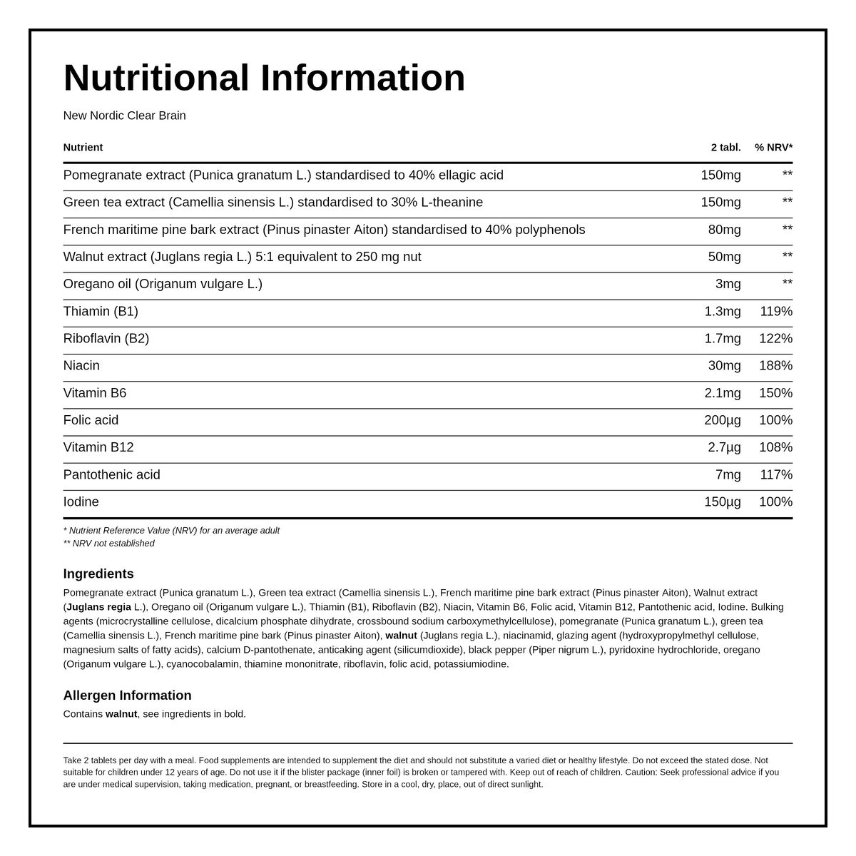 New Nordic Clear Brain 60 tablets — nutrition information panel, generated from the pack