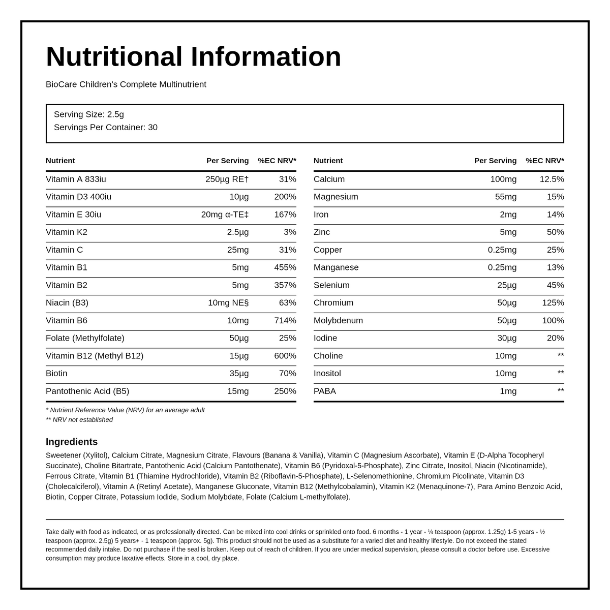 Biocare Children's Complete Multinutrient — nutrition information panel, generated from the pack