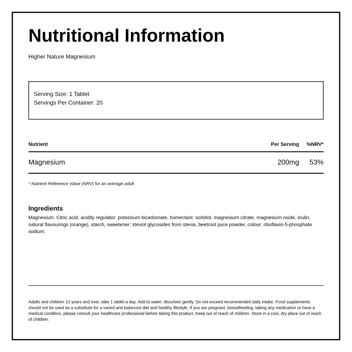 Higher Nature - Magnesium Effervescent 20 Tablets — nutrition information panel, generated from the pack