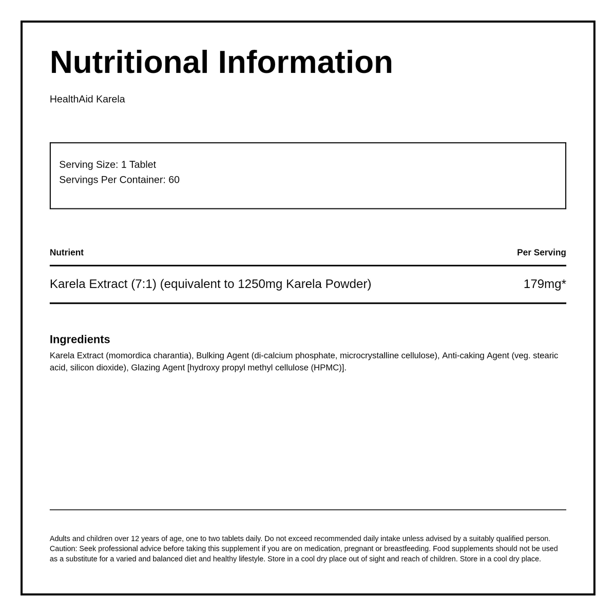 HealthAid Karela Extract 1250mg Tablets — nutrition information panel, generated from the pack