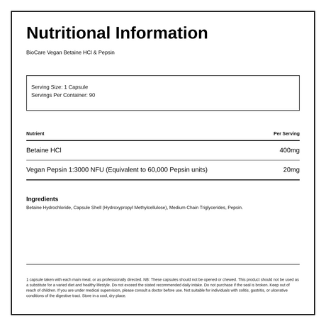 Biocare Vegan Betaine HCL & Pepsin 90 vcaps — nutrition information panel, generated from the pack