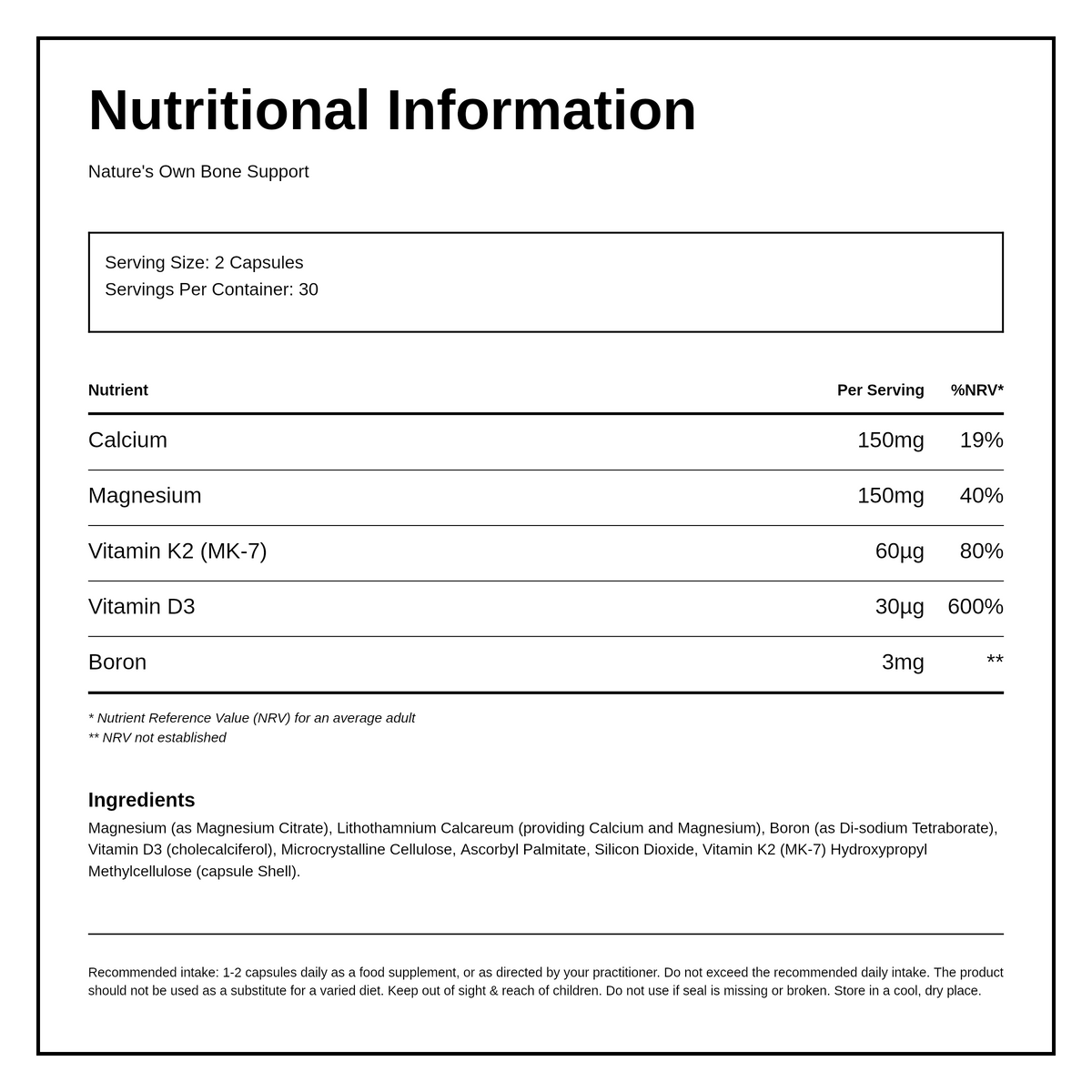 Natures Own Bone Supportules - soy free — nutrition information panel, generated from the pack