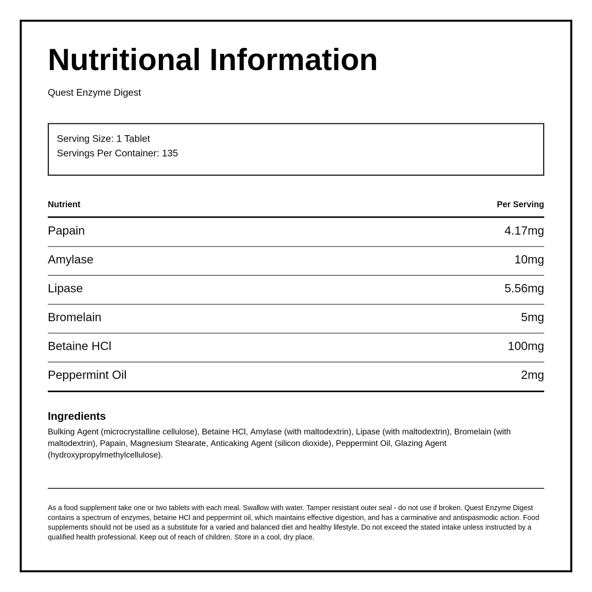 Quest Enzyme Digest (50% Extra Free) — nutrition information panel, generated from the pack