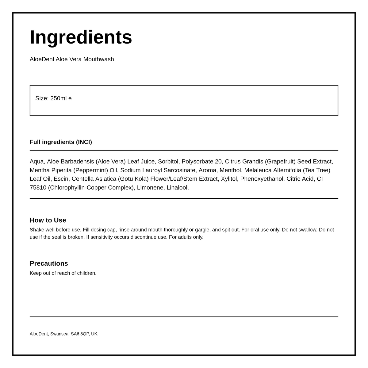 AloeDent Fluoride Free Mouthwash & Vit K & Tea Tree ml — ingredients (INCI) panel, generated from the pack