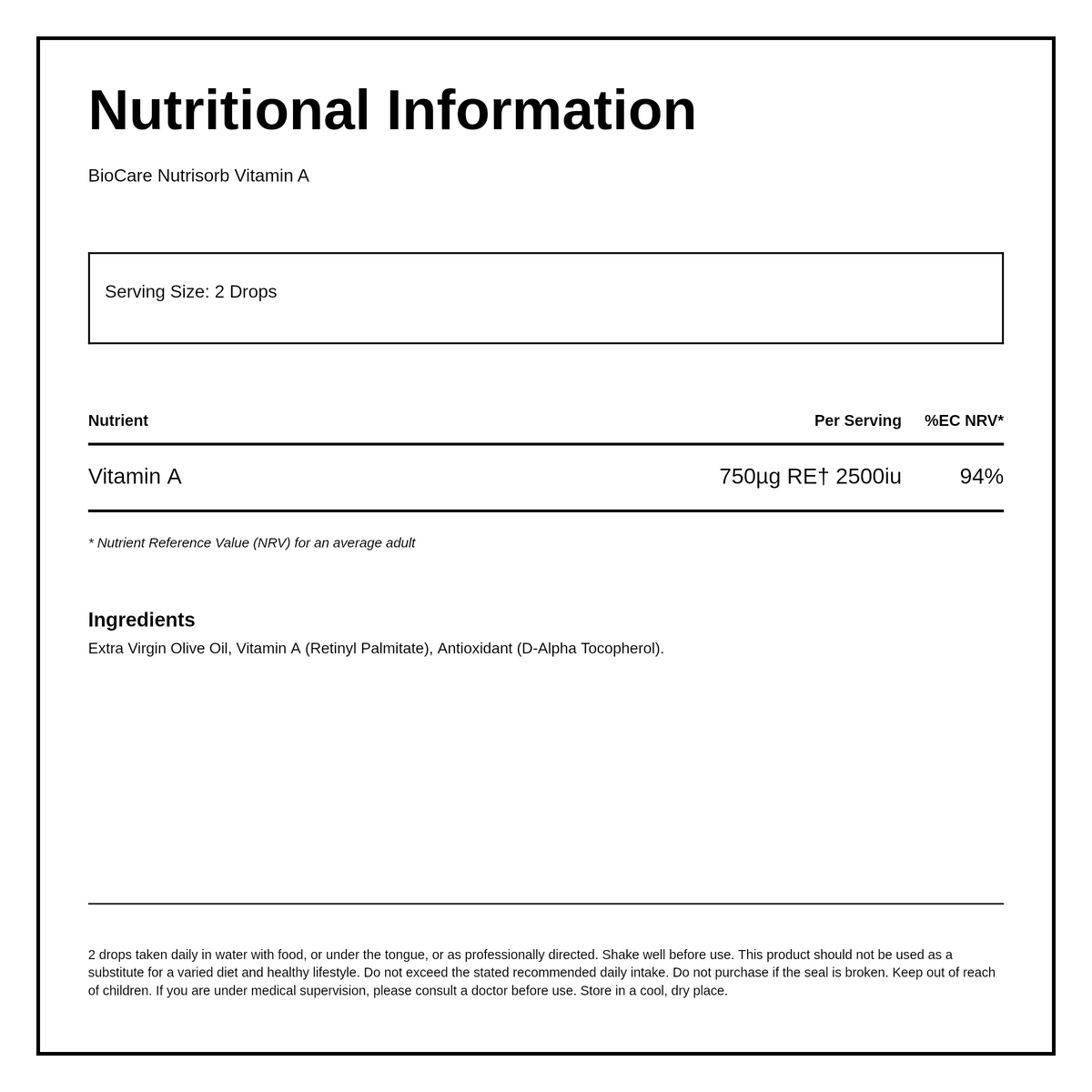 Biocare Nutrisorb Vitamin A — nutrition information panel, generated from the pack