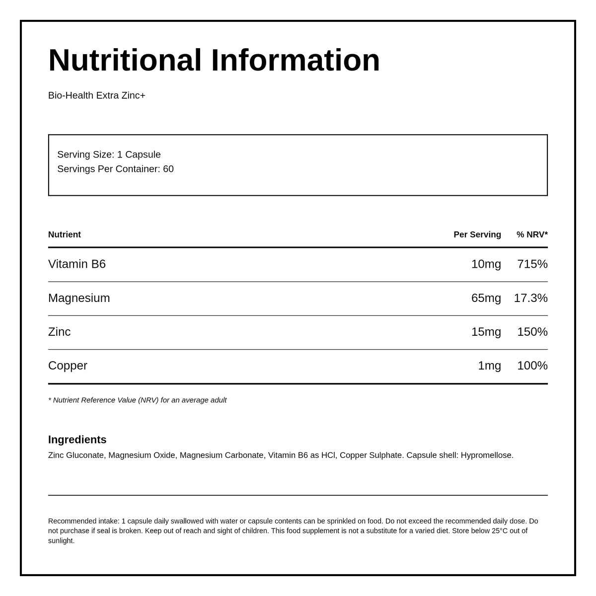 Bio Health Extra Zinc Plus Capsules — nutrition information panel, generated from the pack