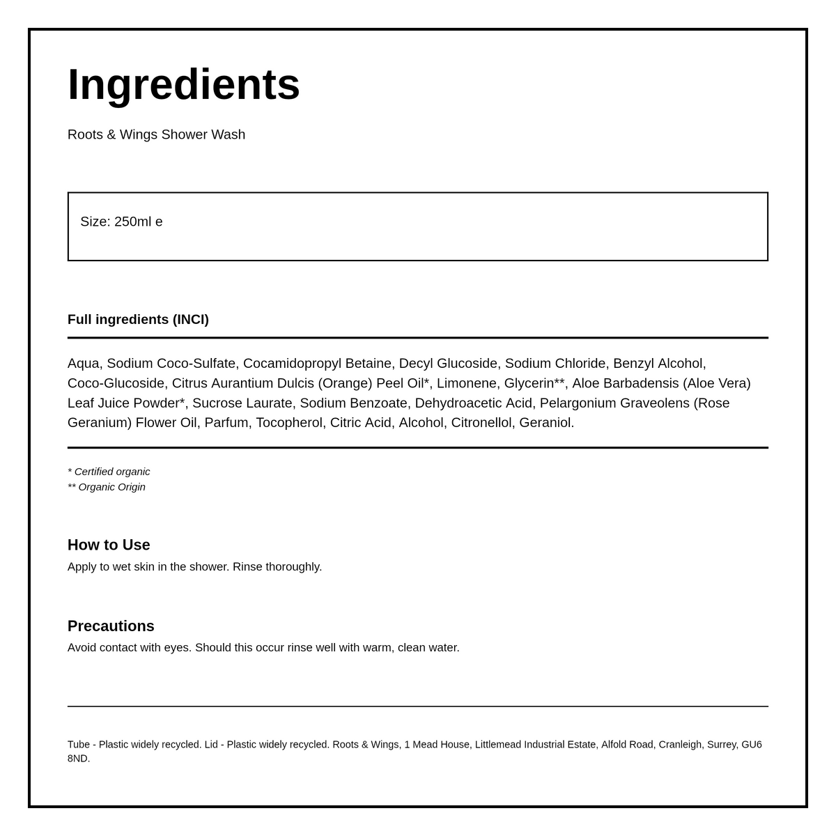 Roots and Wings Organic Sweet Orange & Rose Geranium Shower Wash — ingredients (INCI) panel, generated from the pack