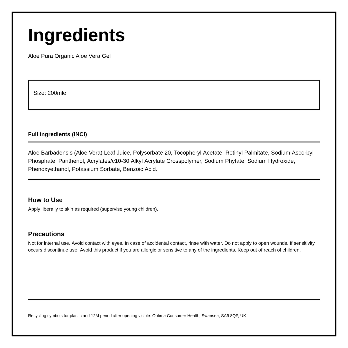 Aloe Pura Aloe Vera Gel & Vitamin AC & E — ingredients (INCI) panel, generated from the pack