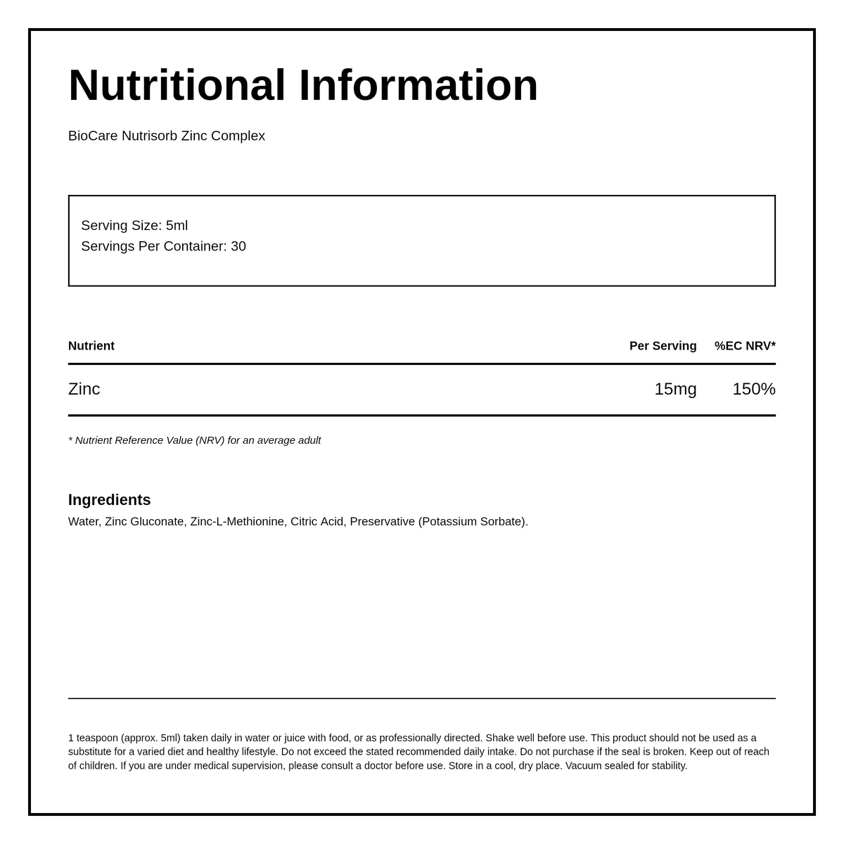 Biocare Nutrisorb Liquid Zinc Complex — nutrition information panel, generated from the pack