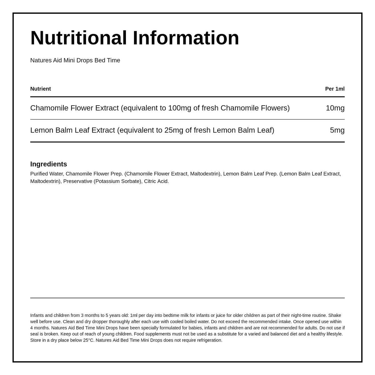 Natures Aid Mini Drops Bed Time — nutrition information panel, generated from the pack