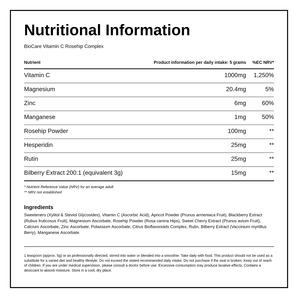 Biocare Vitamin C Rosehip Complex — nutrition information panel, generated from the pack
