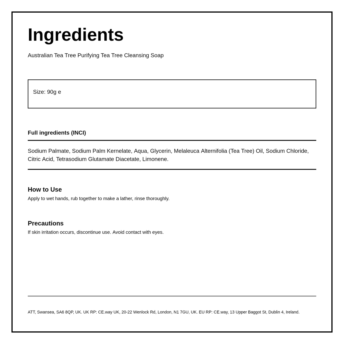 Australian Tea Tree Cleansing Soap — ingredients (INCI) panel, generated from the pack