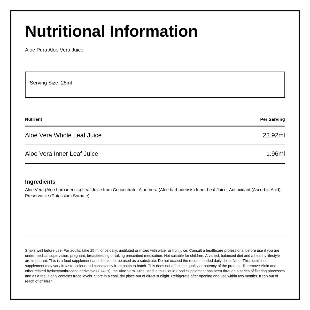 Aloe Pura Aloe Vera Juice Max Strength — nutrition information panel, generated from the pack