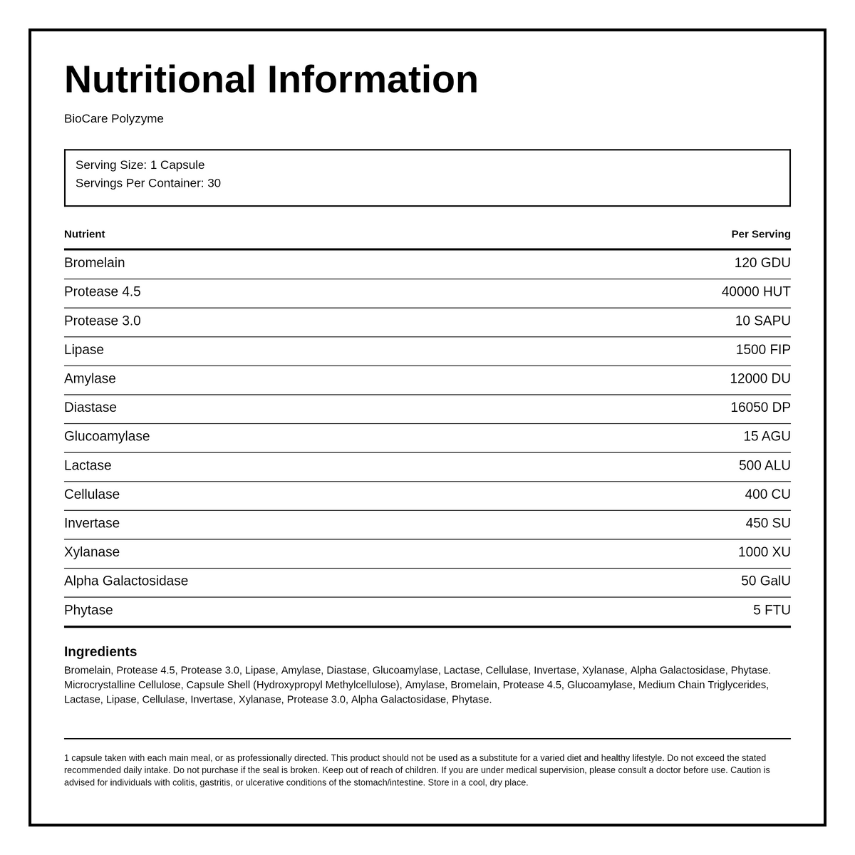 Biocare Polyzyme 30 caps — nutrition information panel, generated from the pack