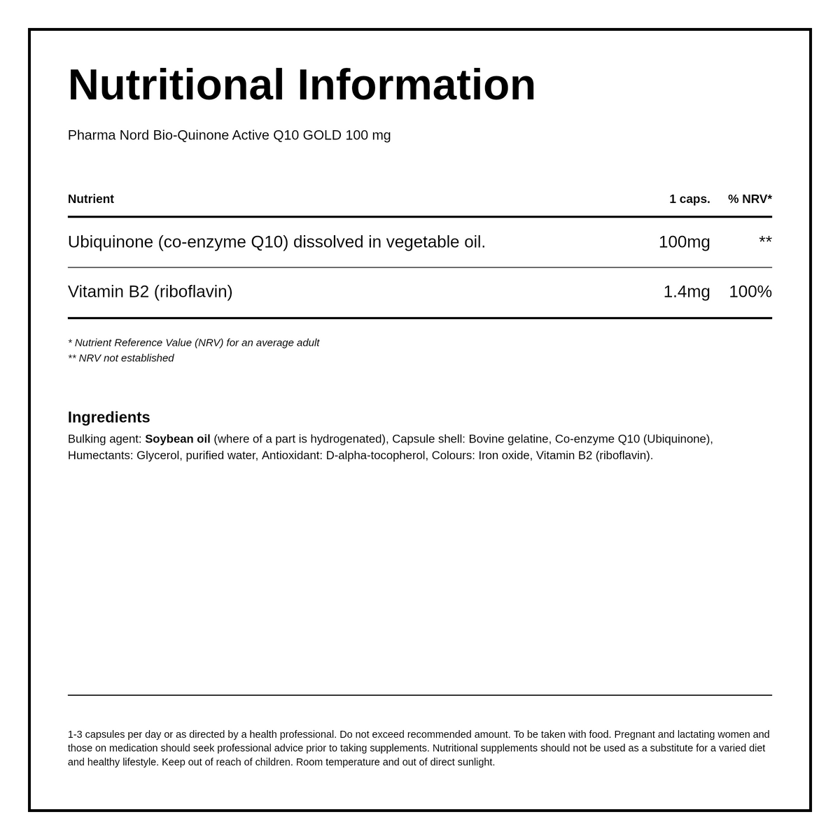 Bio-Quinone Q10 Gold 100mg Capsules — nutrition information panel, generated from the pack