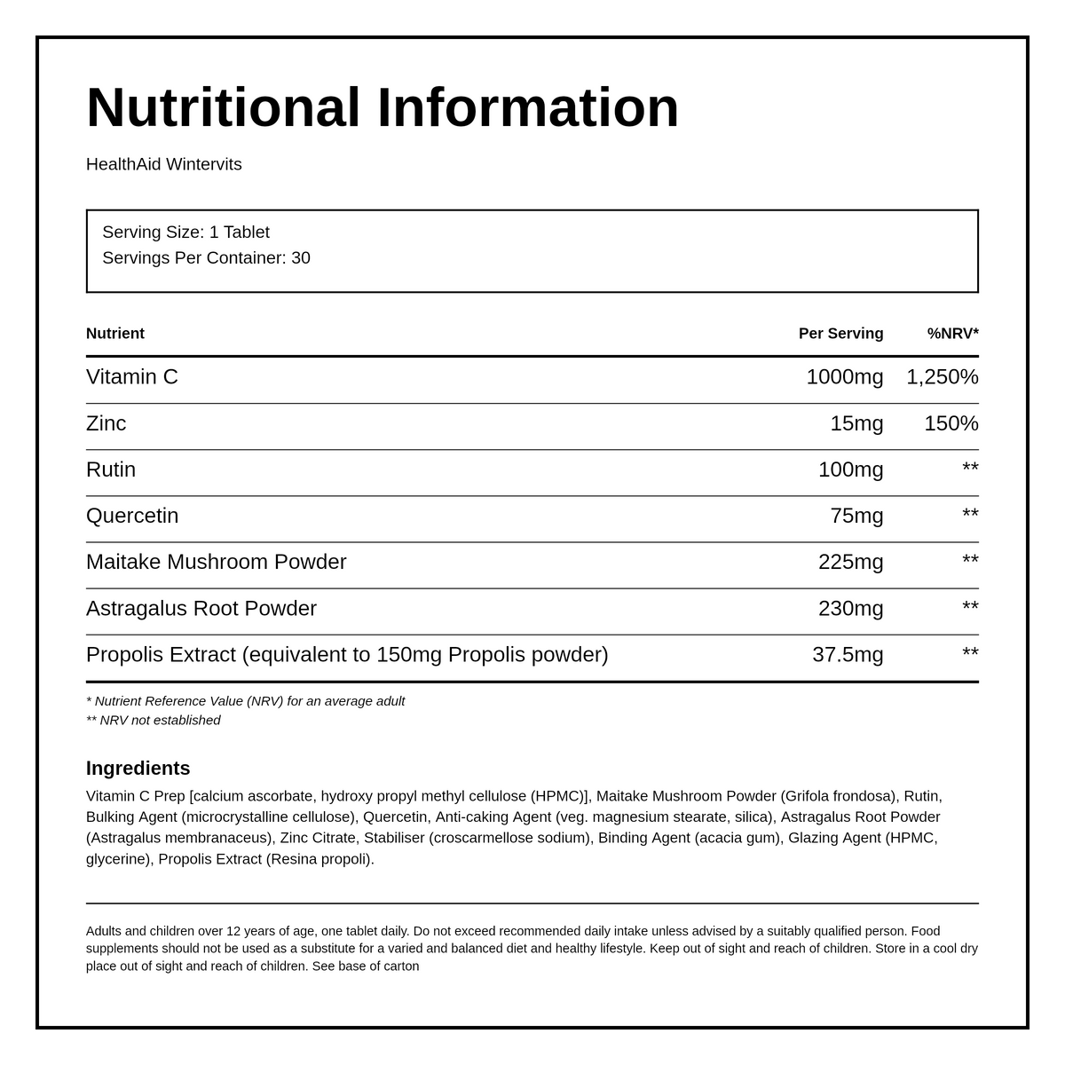 HealthAid Wintervits Tablets — nutrition information panel, generated from the pack