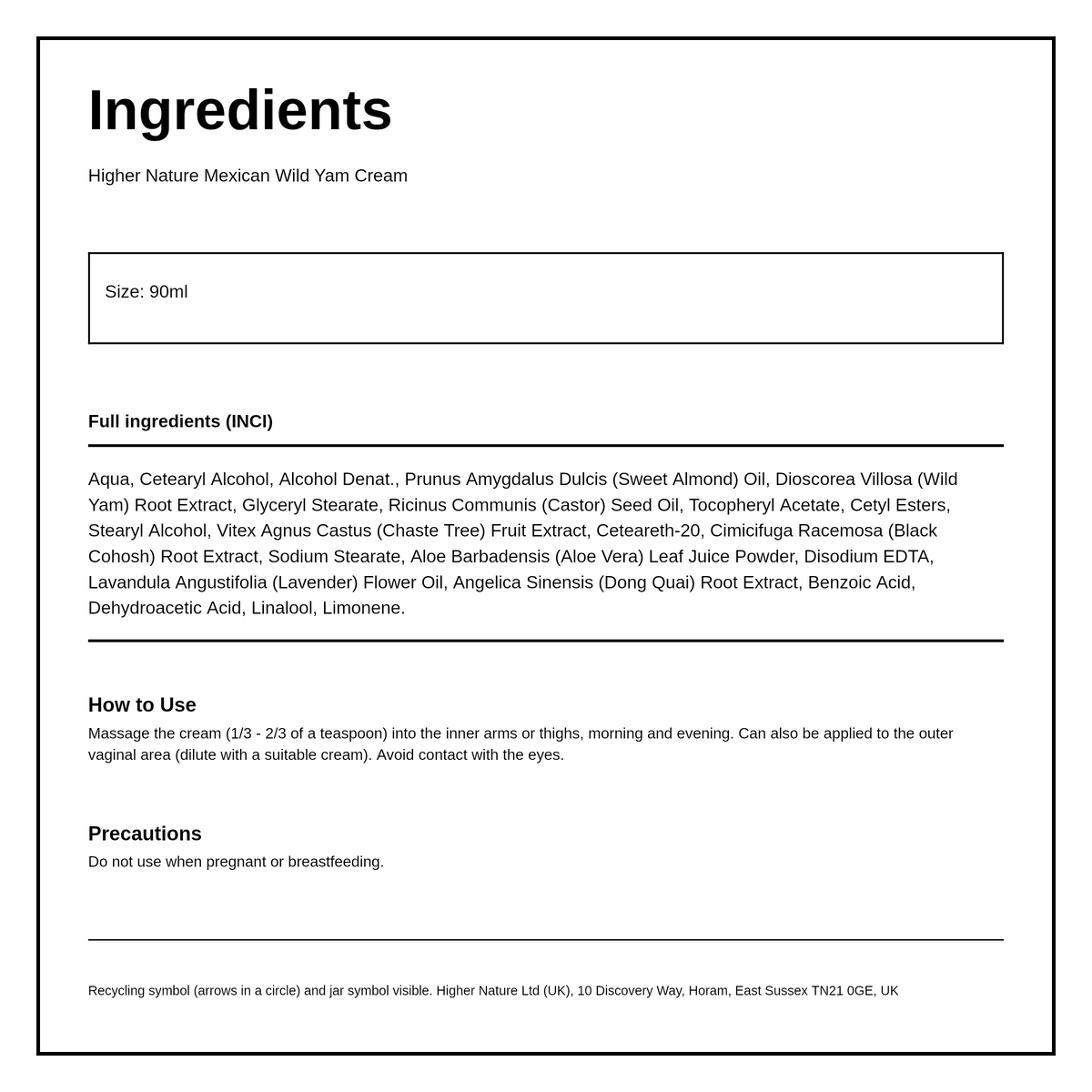 Higher Nature Mexican Yam Cream 90ml — ingredients (INCI) panel, generated from the pack