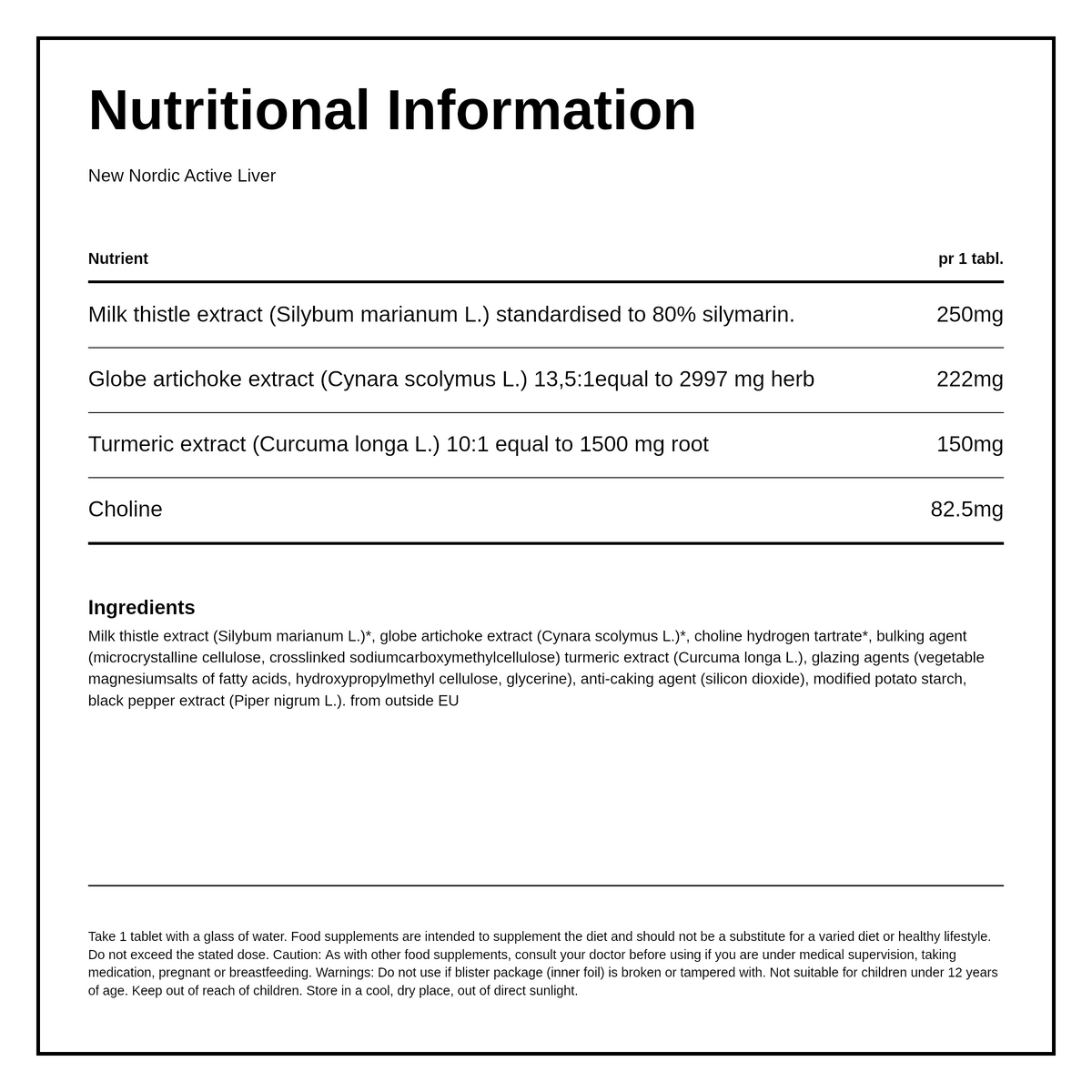 New Nordic Active Liver 30 Tablets — nutrition information panel, generated from the pack