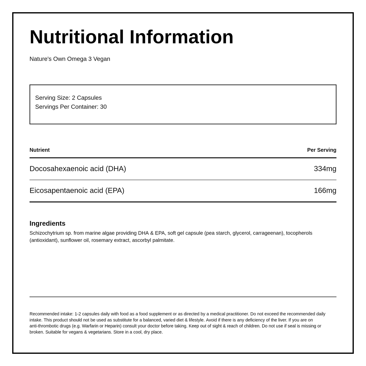 Natures Own Omega 3 Vegan Capsules — nutrition information panel, generated from the pack