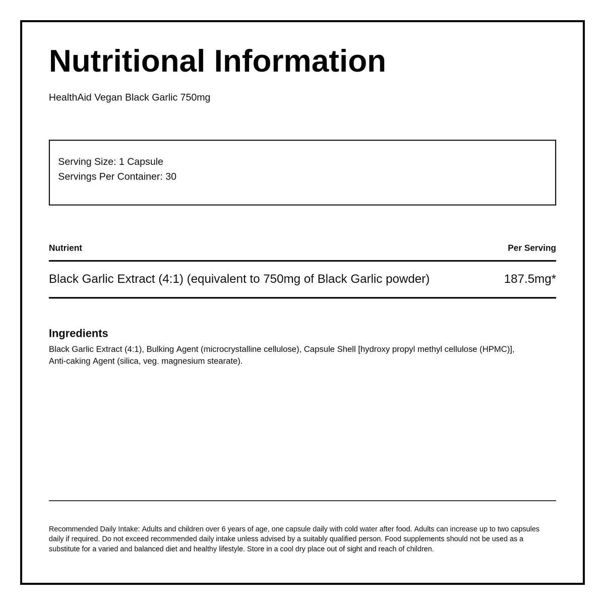 HealthAid Black Garlic 750mg - 30 Vegicaps — nutrition information panel, generated from the pack