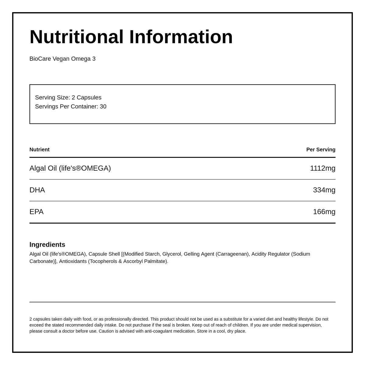 Biocare Vegan Omega-3ules — nutrition information panel, generated from the pack