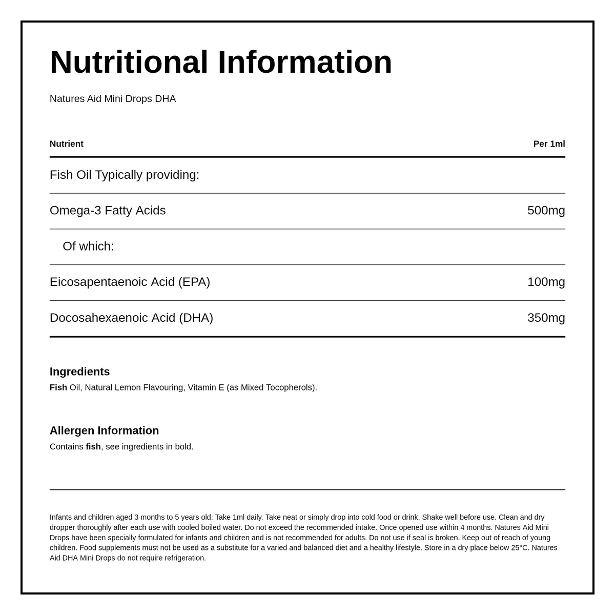 Natures Aid DHA Mini Drops for infants and children — nutrition information panel, generated from the pack