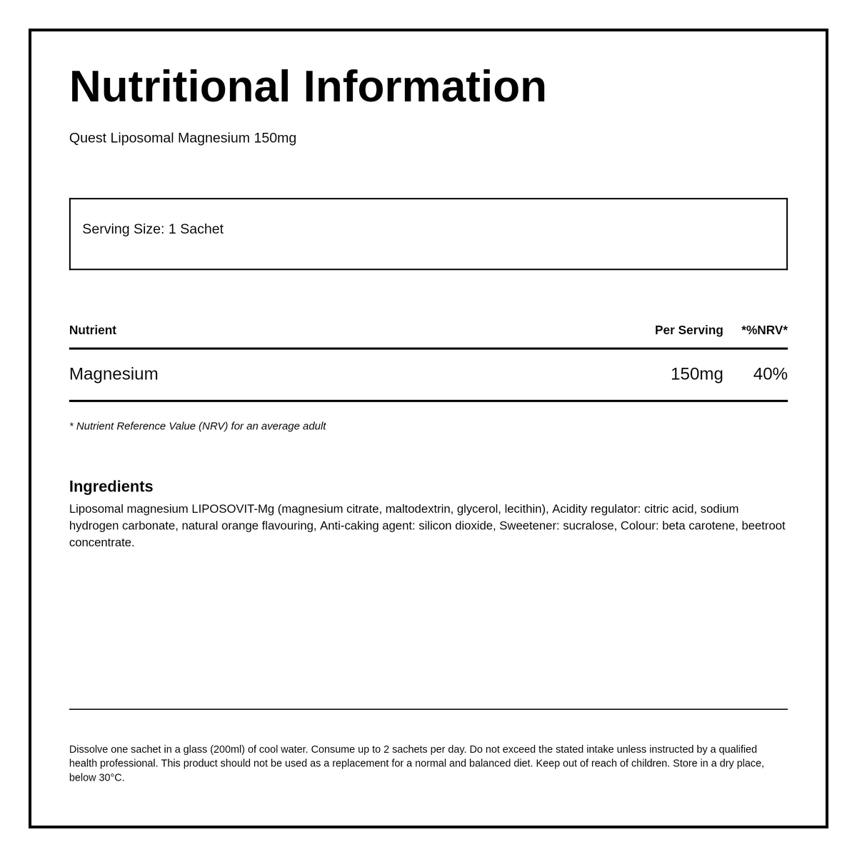 Quest Liposomal Magnesium 150mg 30 sachets — nutrition information panel, generated from the pack
