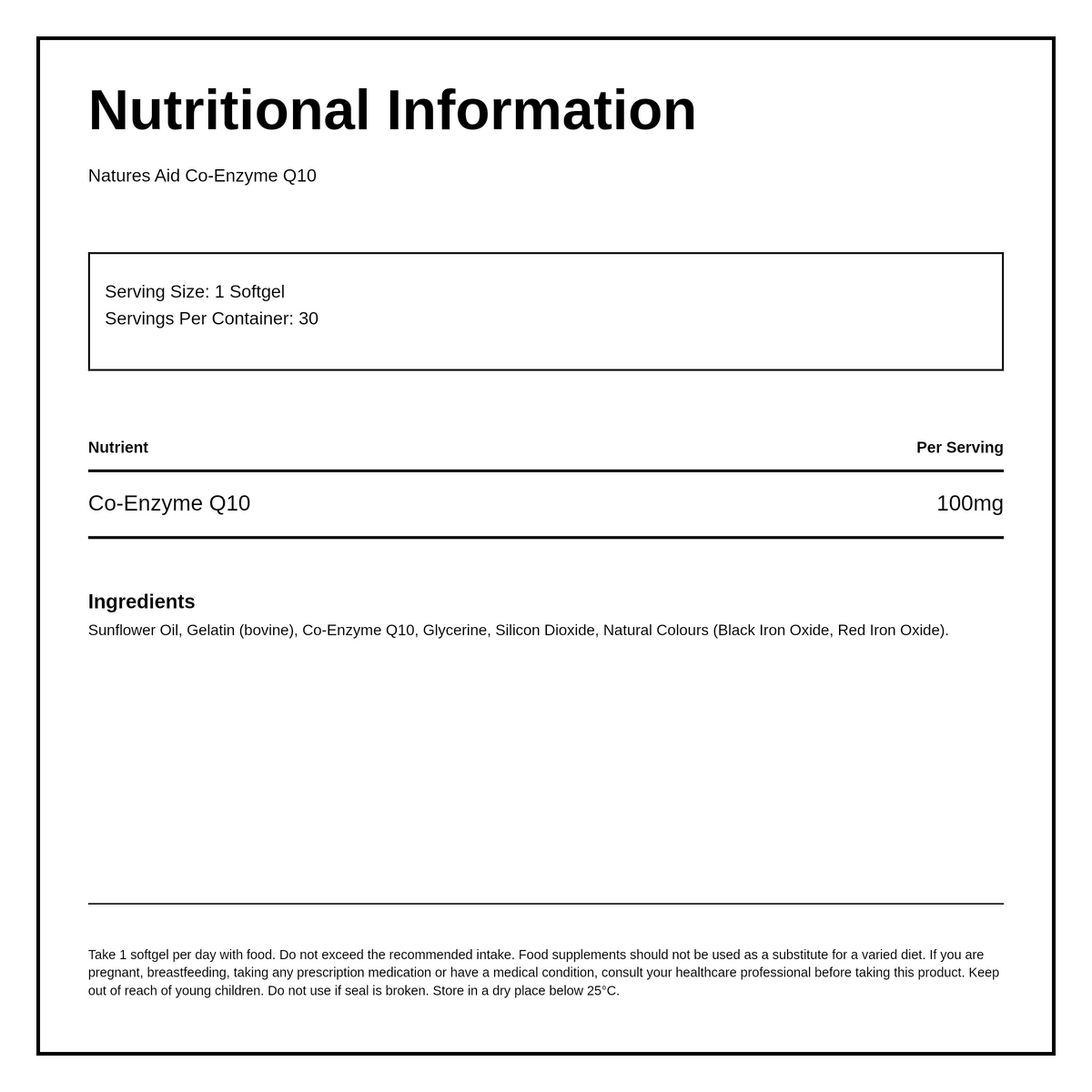 Natures Aid Co-Q-10 - 100mg (Co Enzyme Q10) 30 Caps — nutrition information panel, generated from the pack