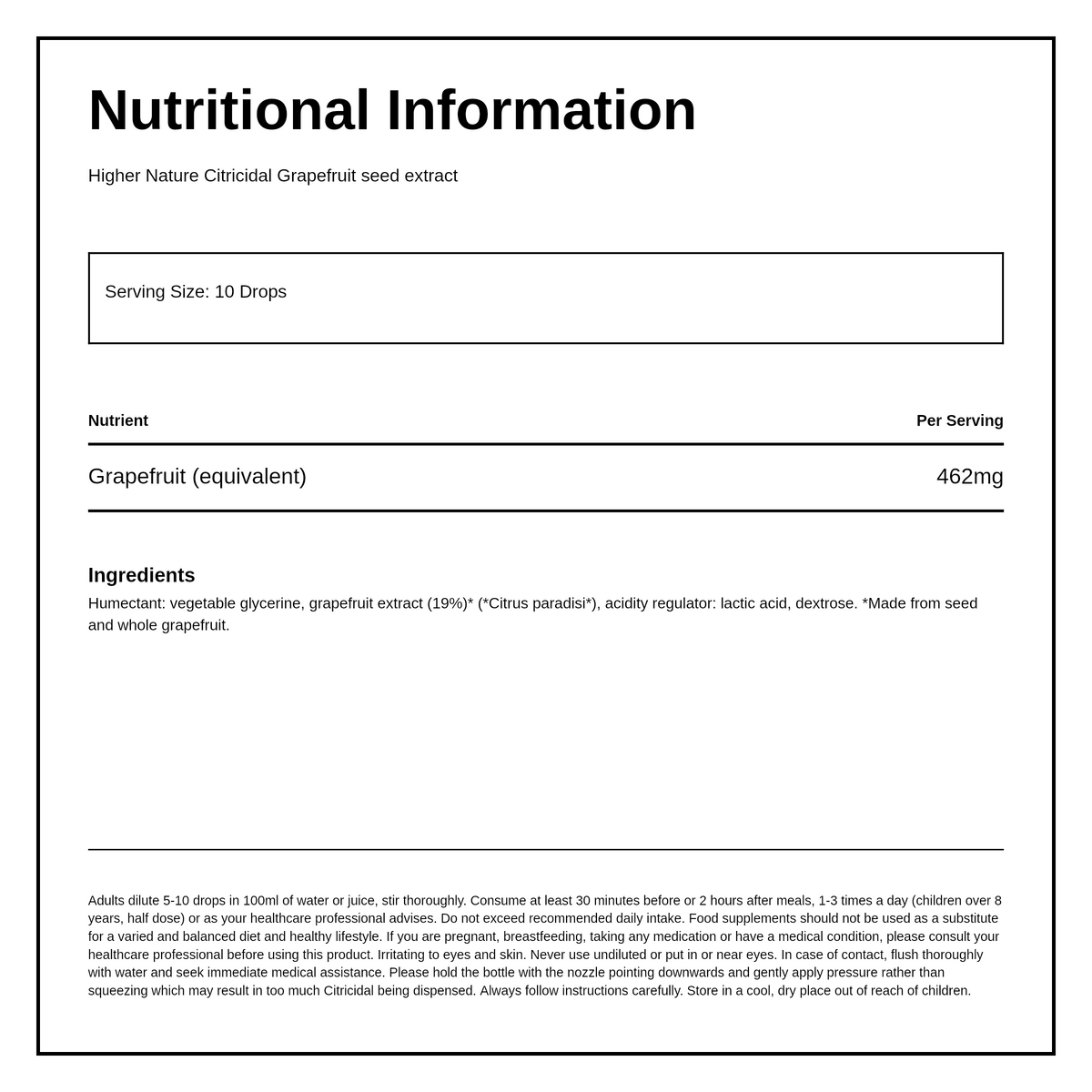 Higher Nature Citricidal — nutrition information panel, generated from the pack