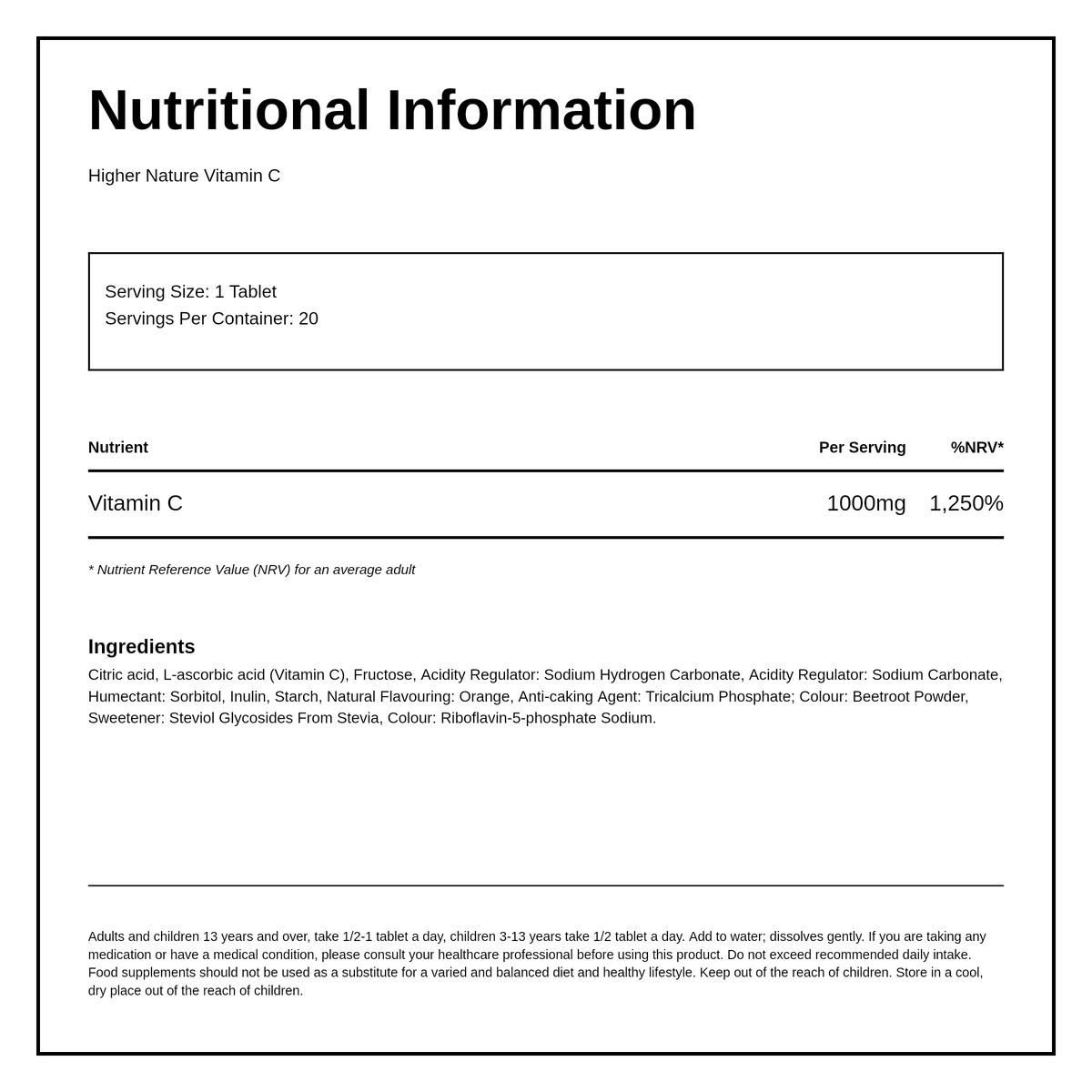 Higher Nature Fizzy C Effervescent Vitamin C 20 Tablets — nutrition information panel, generated from the pack