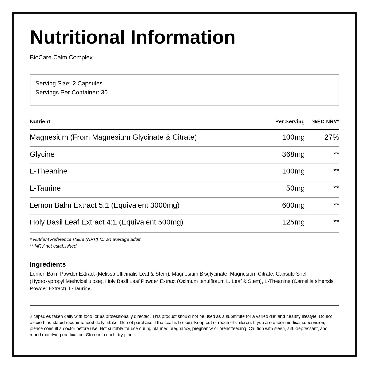 Biocare Calm Complex — nutrition information panel, generated from the pack