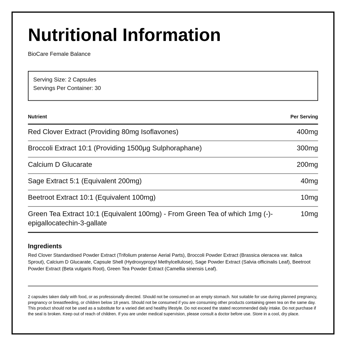 Biocare Female Balance — nutrition information panel, generated from the pack