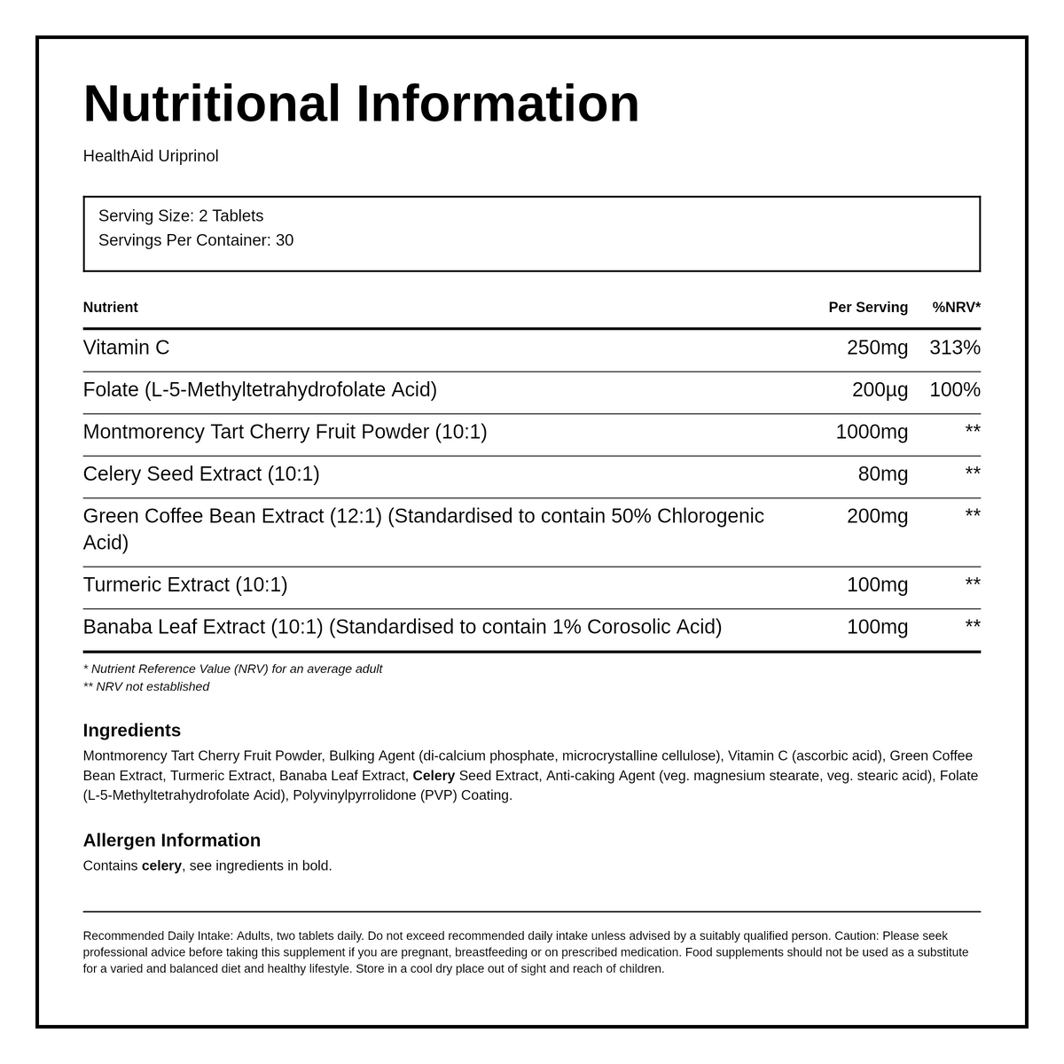 HealthAid Uriprinol - 60 Tablets — nutrition information panel, generated from the pack