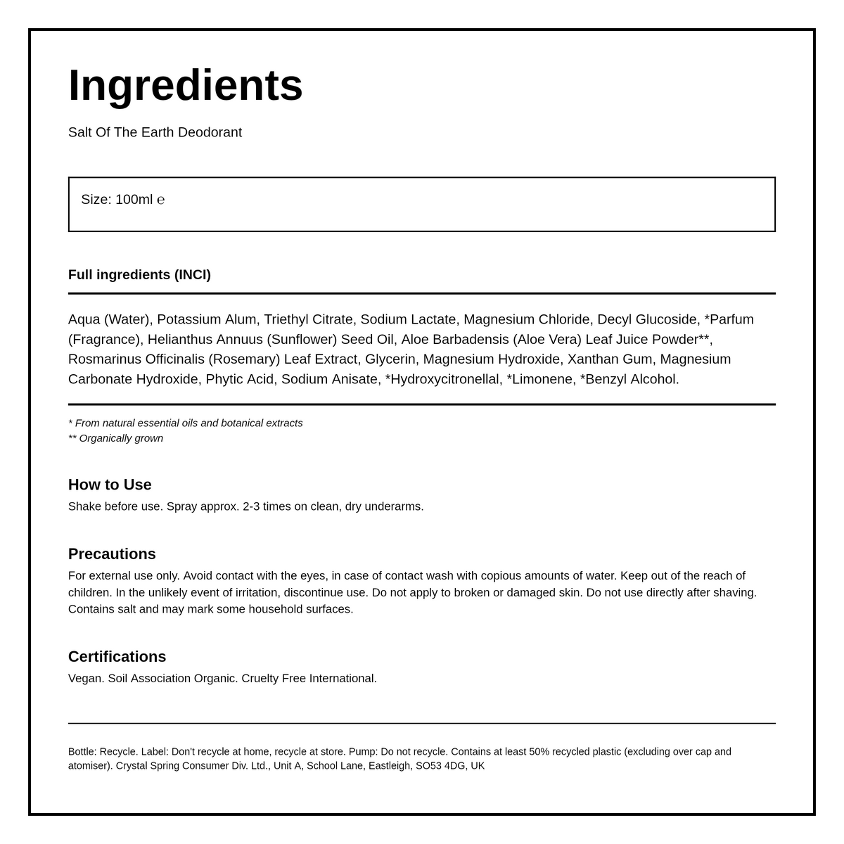 Salt Of the Earth Pure Aura Melon & Cucumber Natural Deodorant Spray — ingredients (INCI) panel, generated from the pack