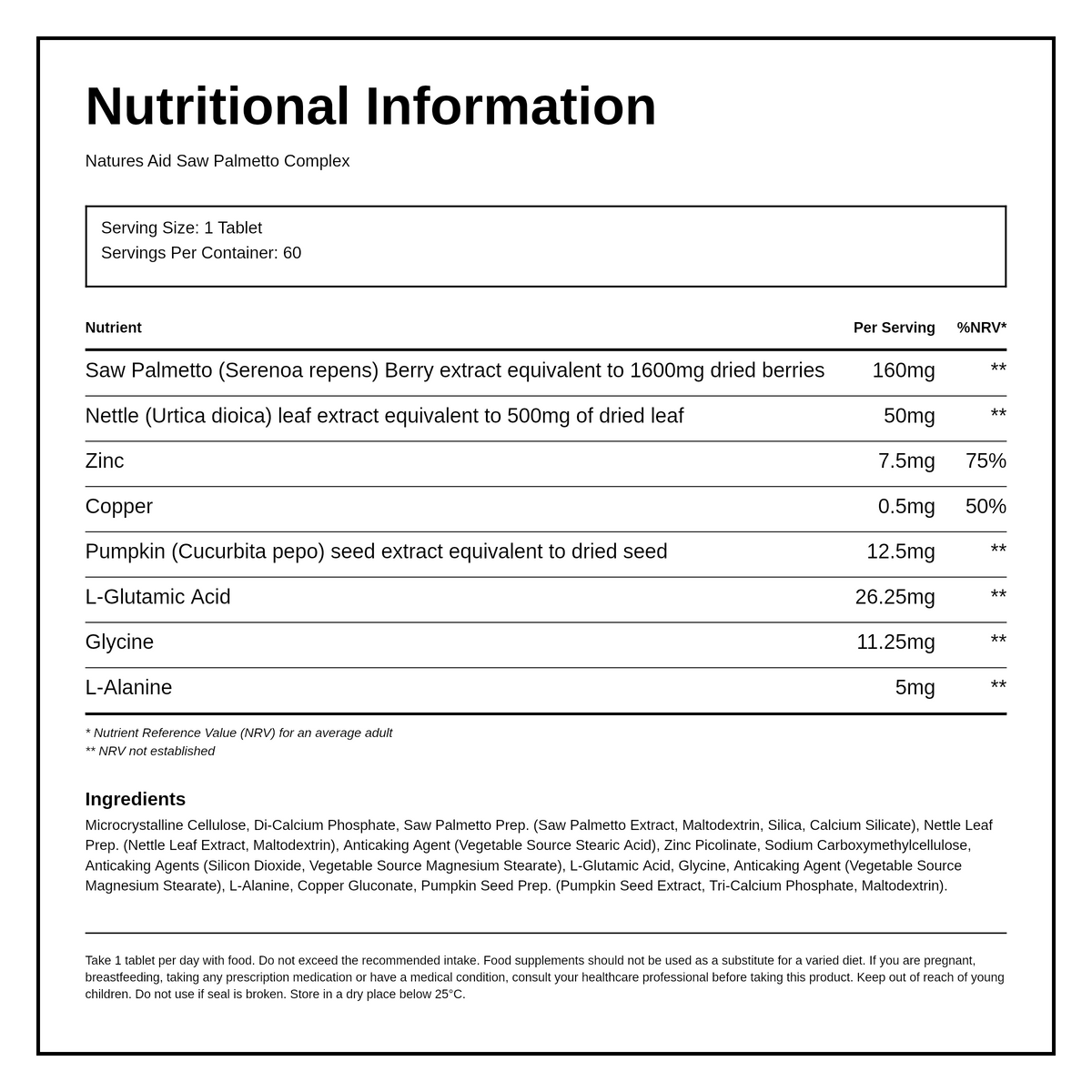 Natures Aid Saw Palmetto Complex for Men 60 Tablets — nutrition information panel, generated from the pack