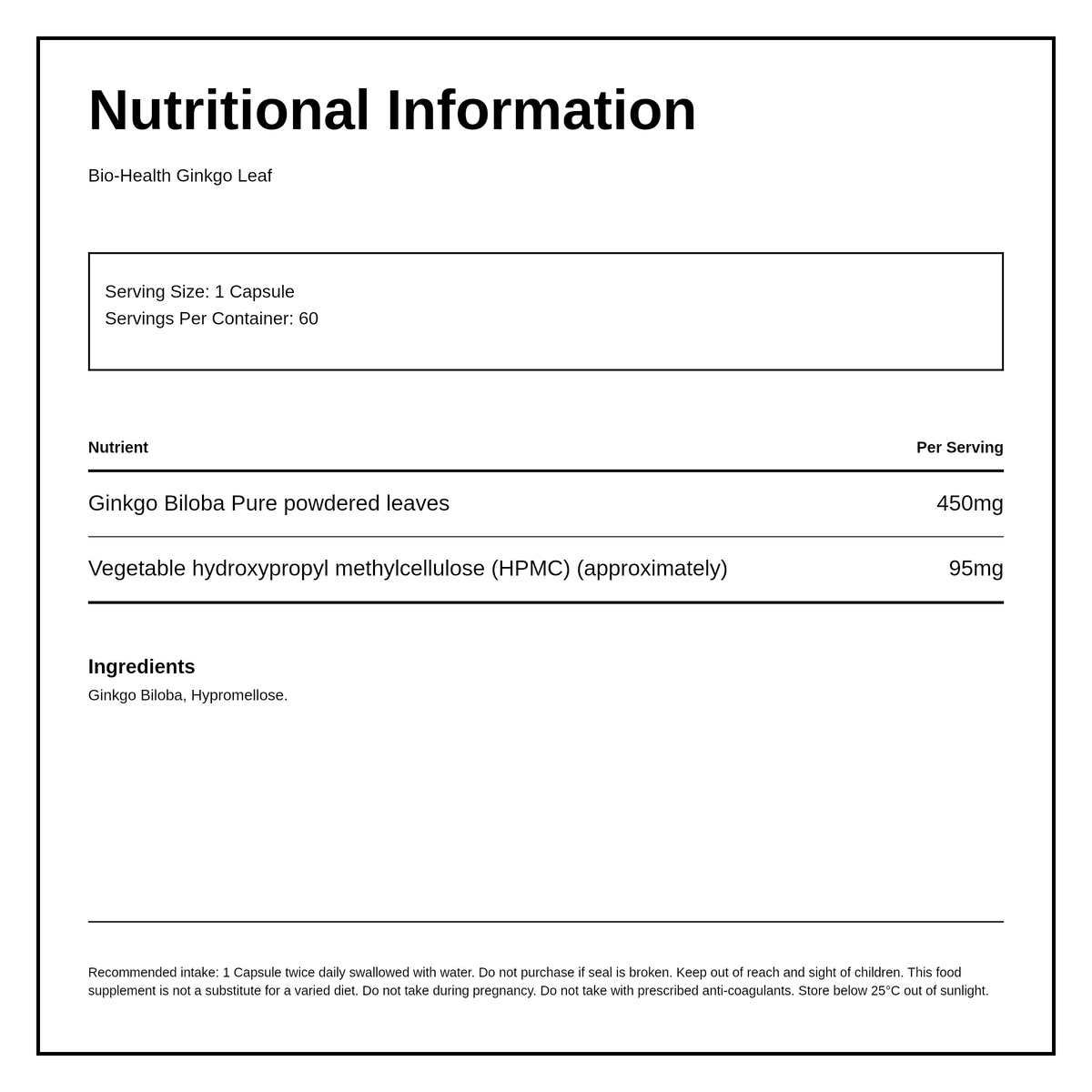 Bio Health Ginkgo Leaf Capsules — nutrition information panel, generated from the pack
