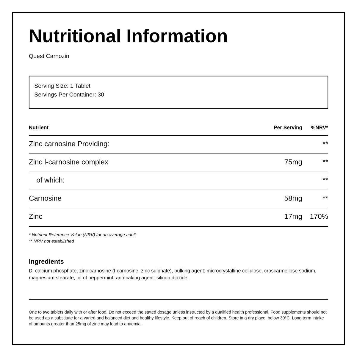 Quest CARNOZIN — nutrition information panel, generated from the pack