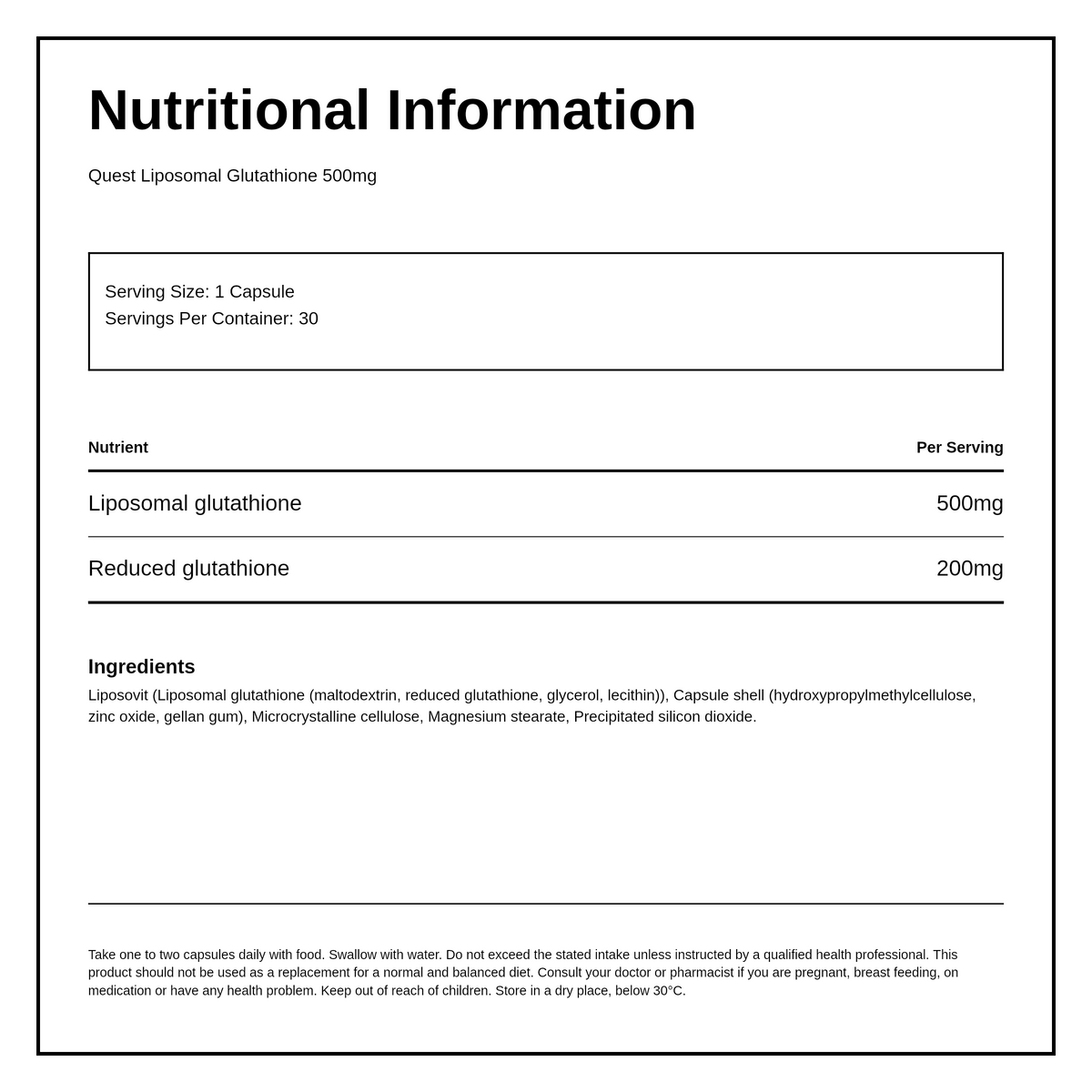 Quest Liposomal Glutathione 500mg 30 caps — nutrition information panel, generated from the pack