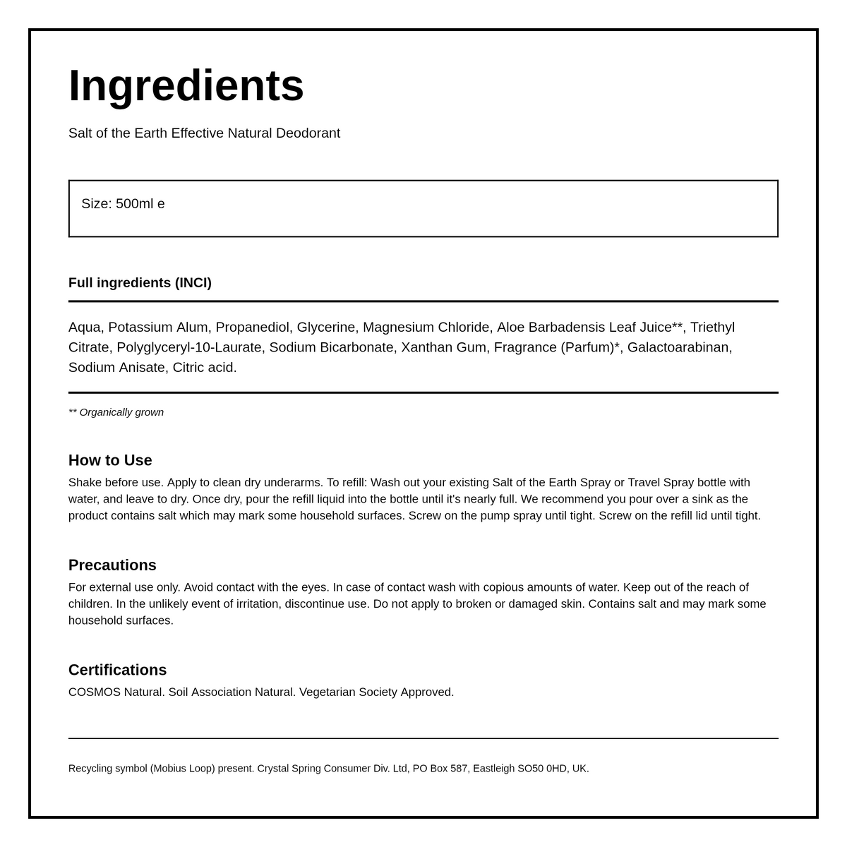 Salt Of the Earth Peony Blossom Spray Refill — ingredients (INCI) panel, generated from the pack