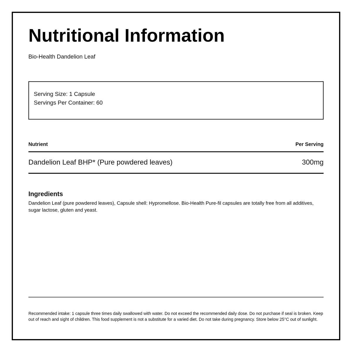 Bio Health Dandelion Leaf 300mg powdered leaf — nutrition information panel, generated from the pack