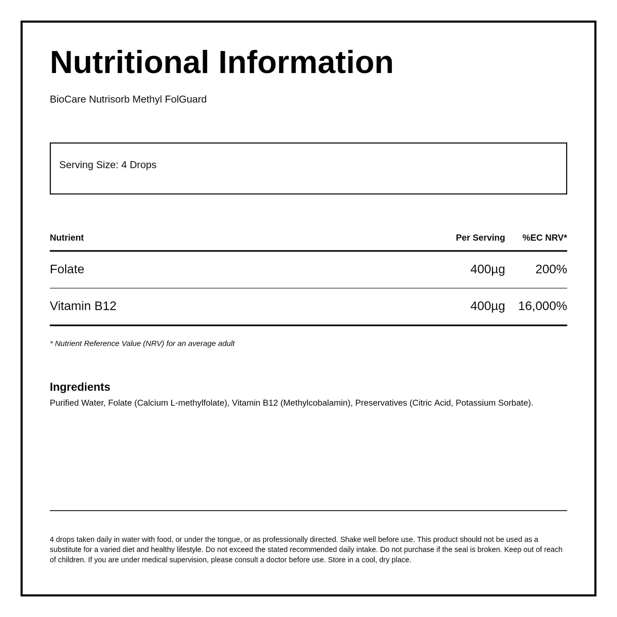 BioCare Nutrisorb Methyl FolGuard — nutrition information panel, generated from the pack
