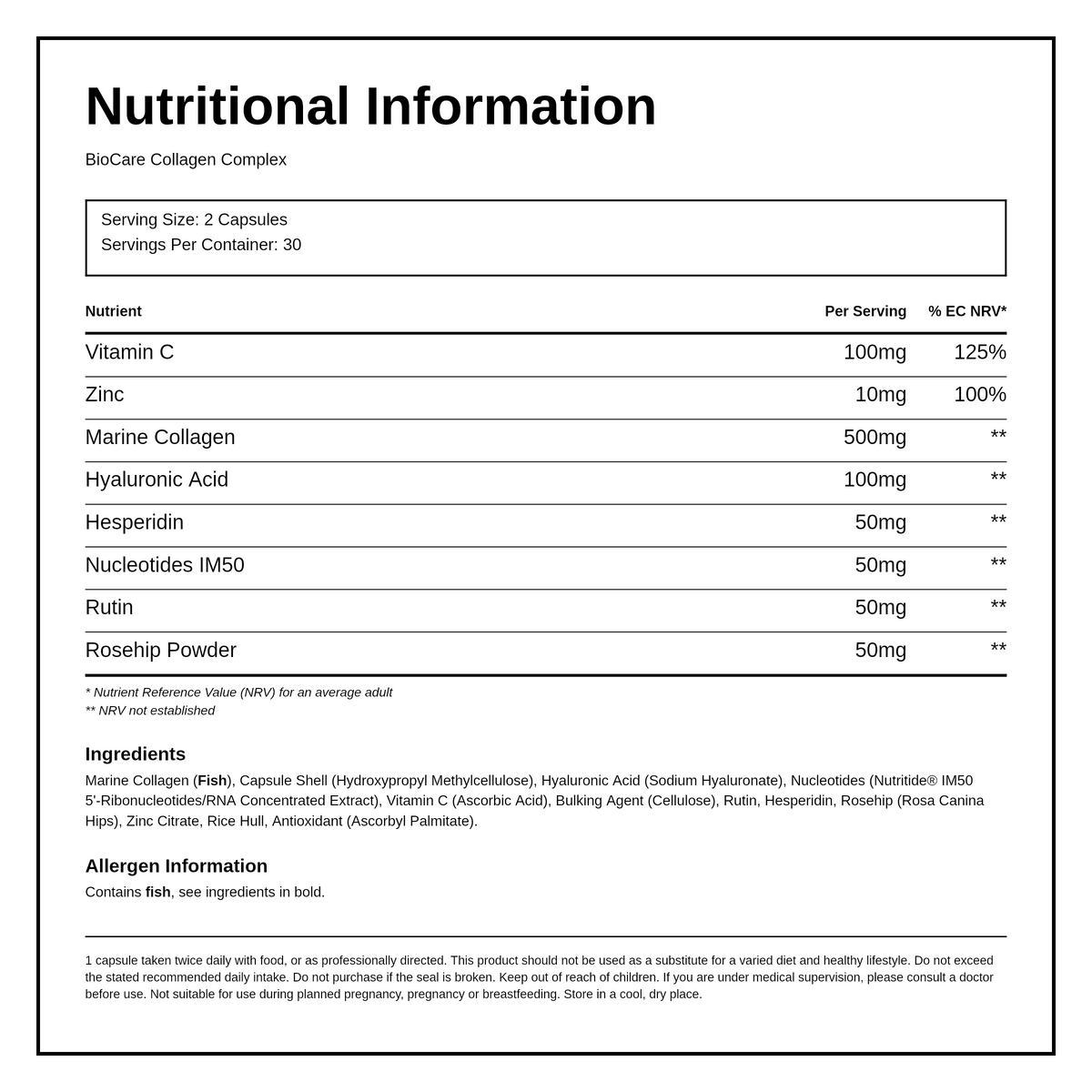 Biocare Collagen Complex Capsules — nutrition information panel, generated from the pack