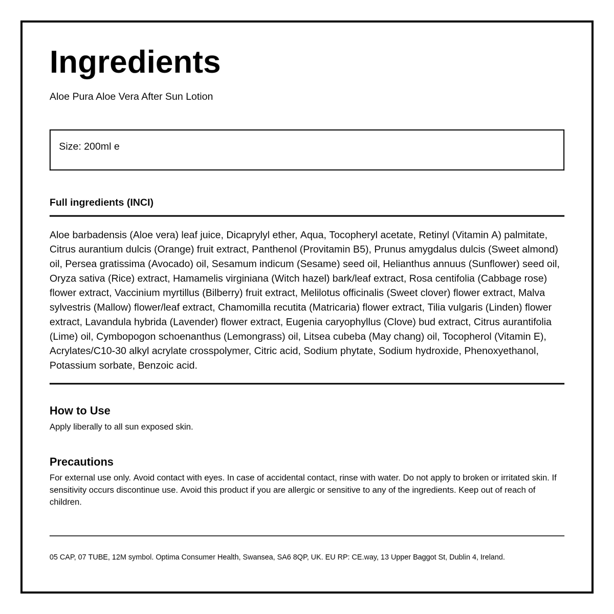 Aloe Pura Aloe Vera After Sun Lotion — ingredients (INCI) panel, generated from the pack