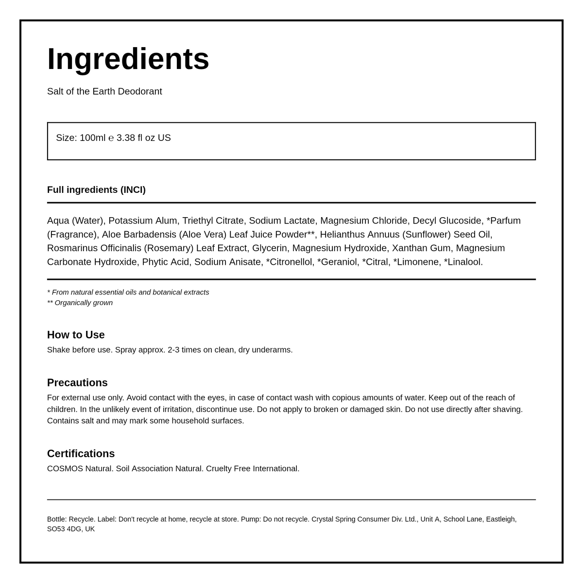 Salt Of the Earth Lavender & Vanilla Natural Deodorant Spray — ingredients (INCI) panel, generated from the pack